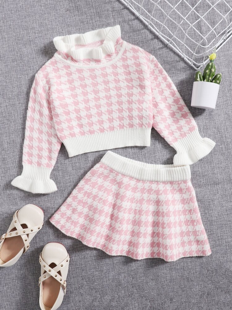 Baby Girls Houndstooth Flounce Sleeve Sweater & Knit Skirt | SHEIN