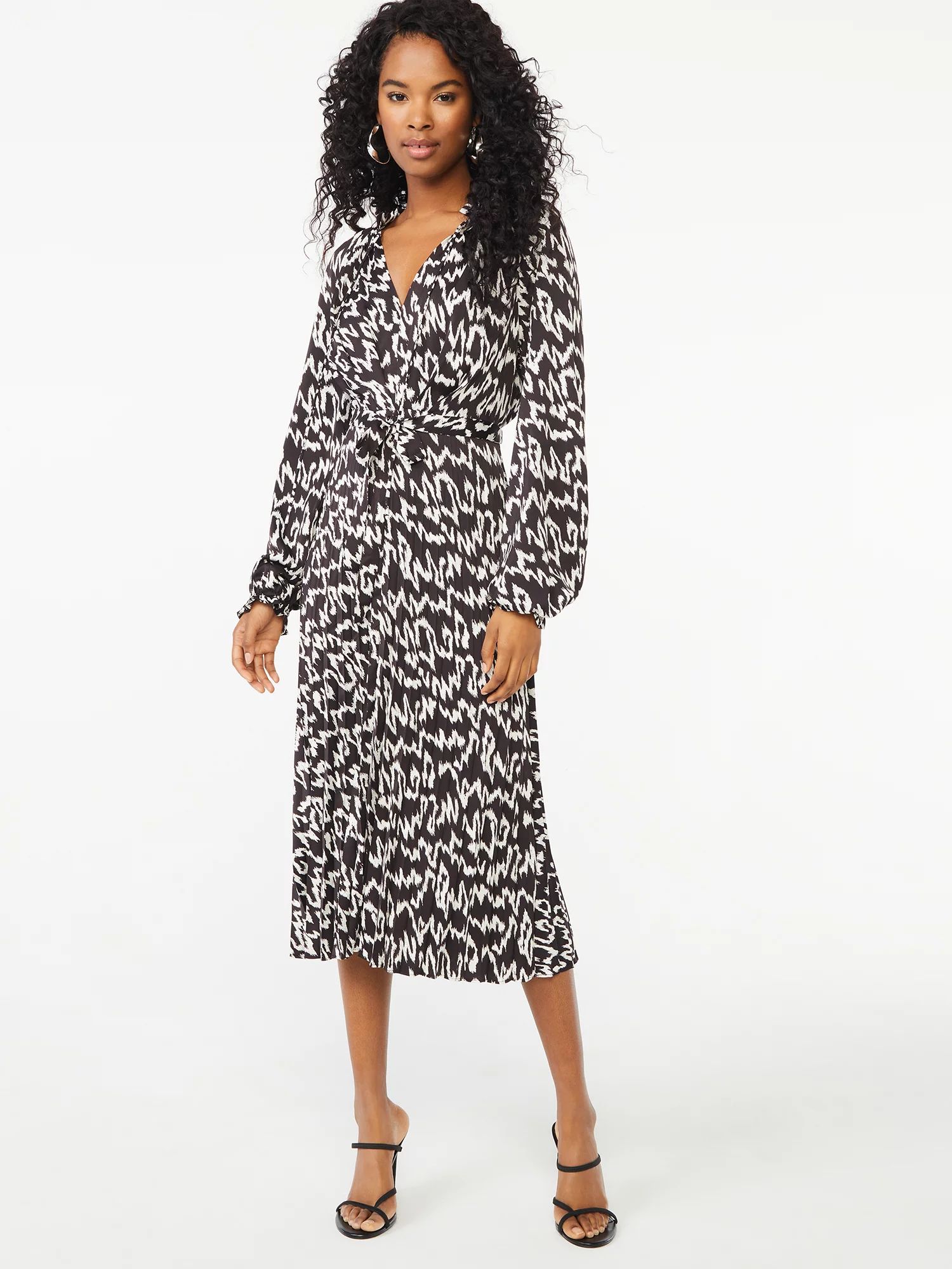 Scoop Women's Long Sleeve Split Neck Pleated Midi Dress | Walmart (US)