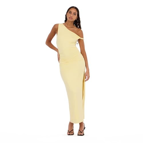 Forever 21 Women's Maxi Dress with Side Ruching Detail and High Neckline, Yellow, XL | Amazon (US)