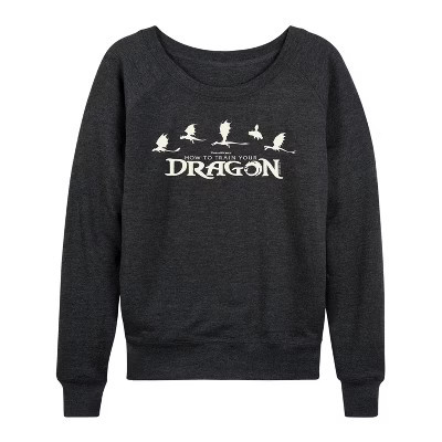 Women's How To Train Your Dragon Dragons Lightweight French Terry Wide Neck Long Sleeve Graphic Shirt - Heather Charcoal - 2 X-Large | Target