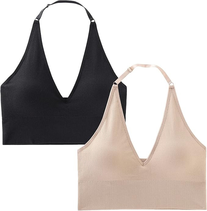 INIBUD Workout Halter Top for Women Padded Sports Bras Seamless Crop Tanks Bralette with Adjustab... | Amazon (US)
