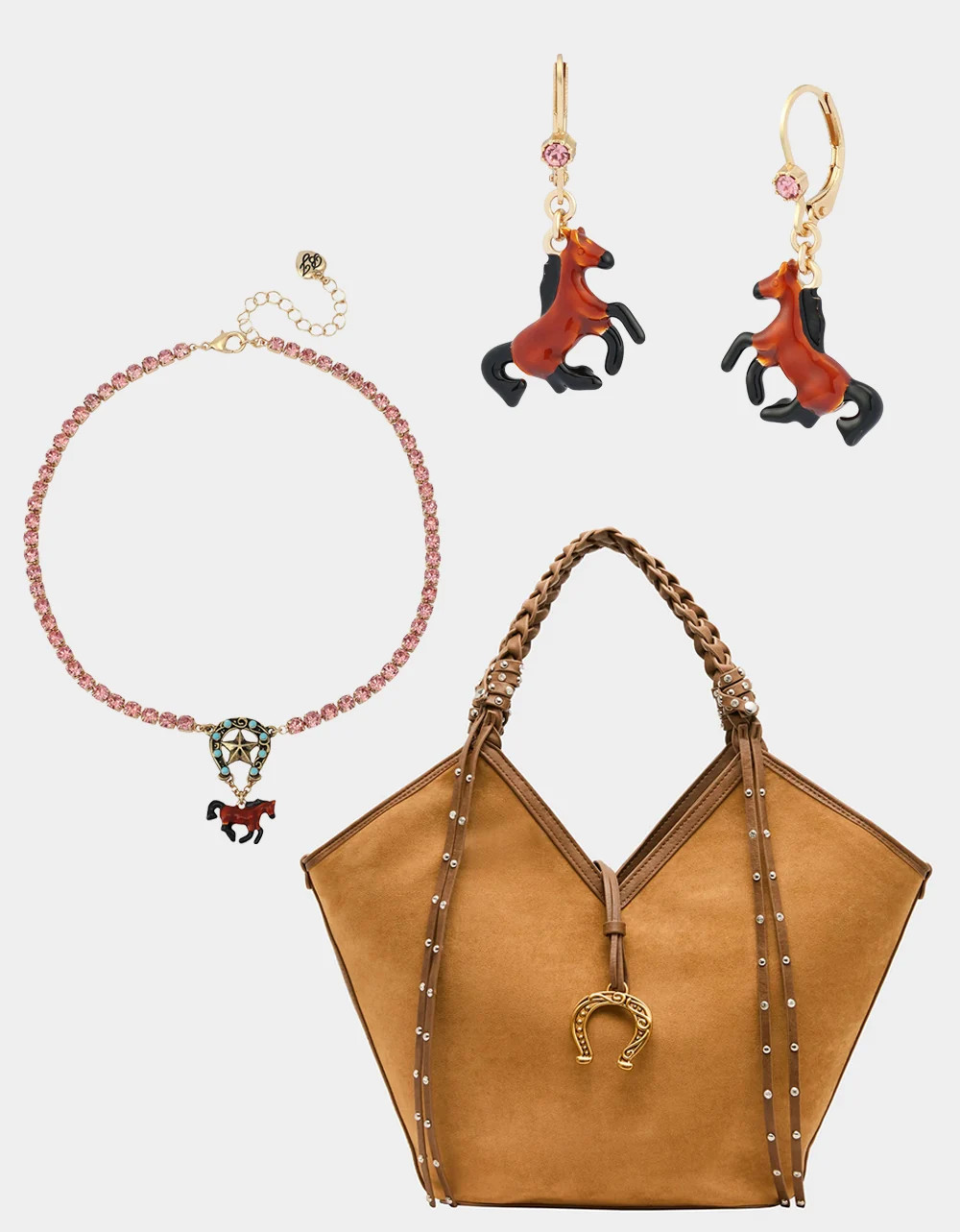 AIN'T MY FIRST RODEO BUNDLE | WESTERN TOTE BAG WITH HORSE CHARM RHINESTONE NECKLACE AND EARRINGS | Betsey Johnson