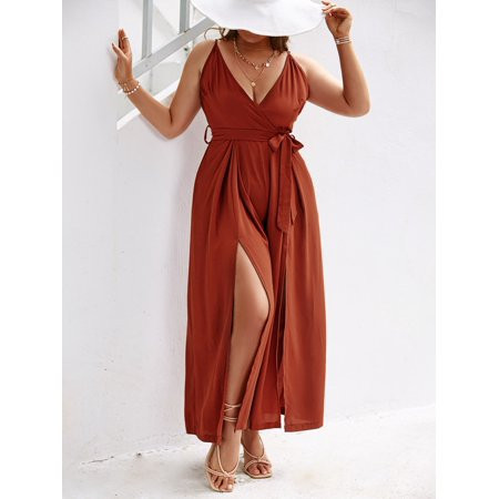 Women s Plus Split Thigh Belted Wide Leg Cami Jumpsuit 16982F172112 | Walmart (US)