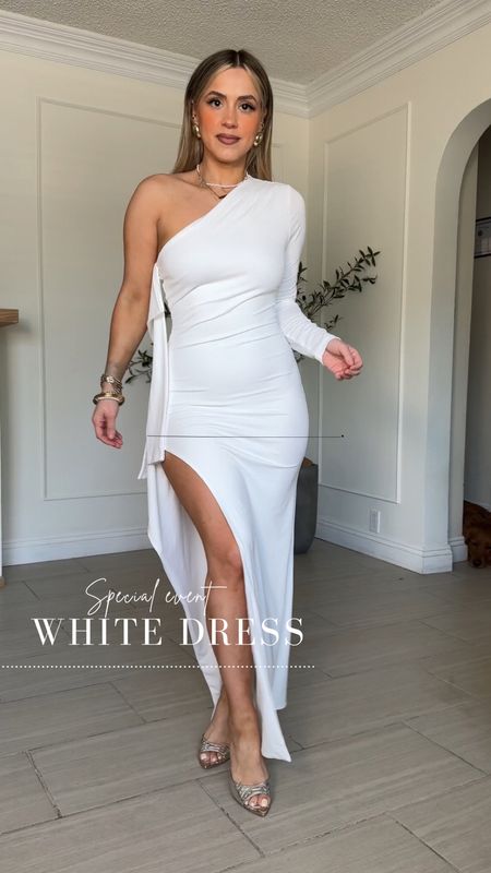 Special event white dress from Amazon 🤍✨

✔️this one is a show stopper 🤌🏼 it's sooo cute! 
✔️ wearing small | you'll need good shapewear for this
✔️I completely forgot to put on the arm sleeve ugh 😂 

#LTKfindsunder50 #LTKstyletip #LTKU