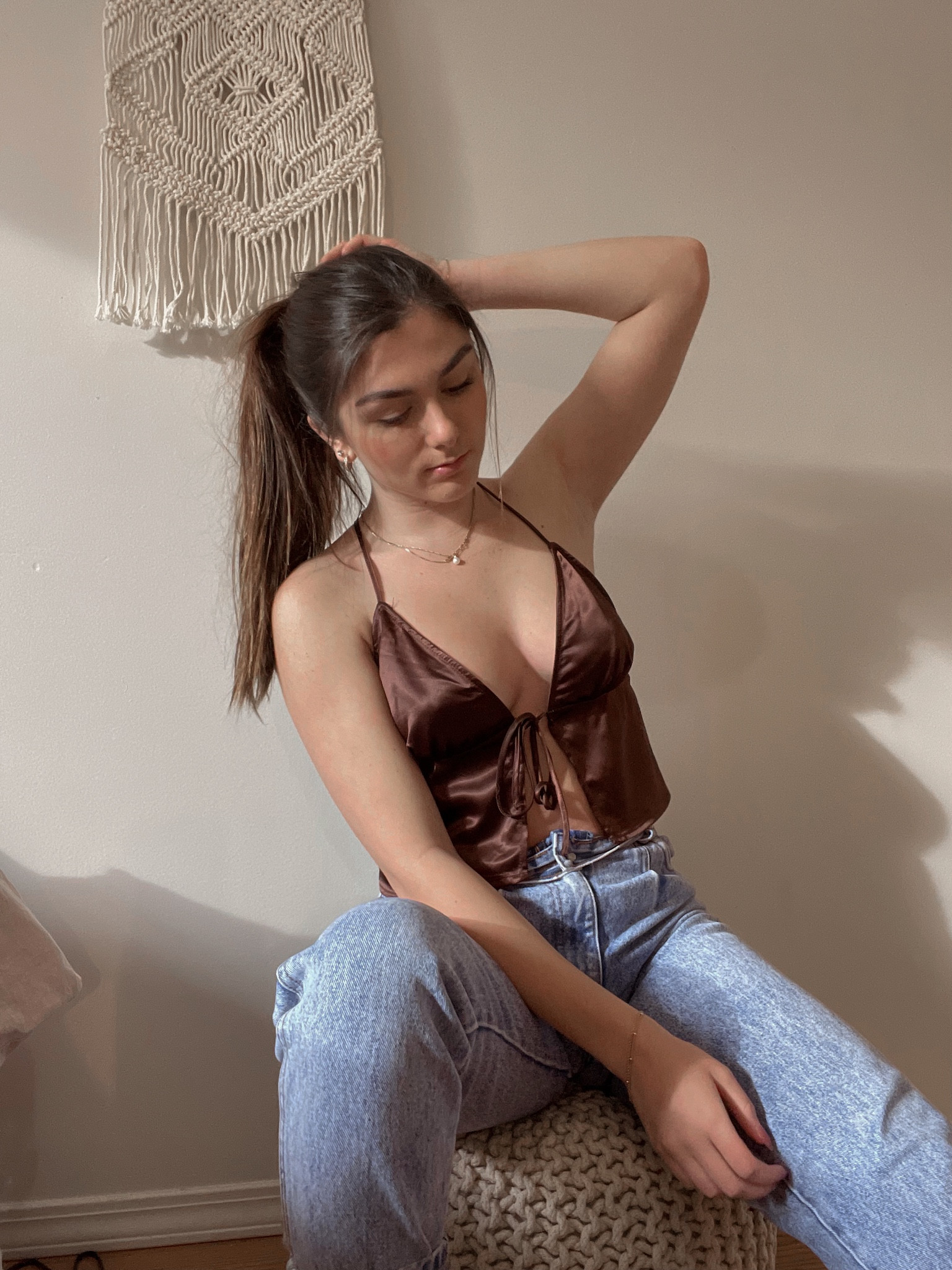 casual outfits, brown tank outfits, tie up top outfit