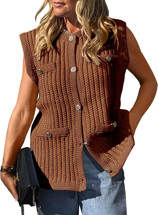 Saodimallsu Womens Sleeveless Sweater Vest Button Up Cable Knit Crew Neck Trendy Casual Loose Sum... | Amazon (US)