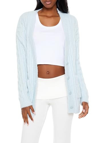 Forever 21 Women's Fuzzy Cable Knit Cardigan Sweater Light Blue X-Small | Amazon (US)