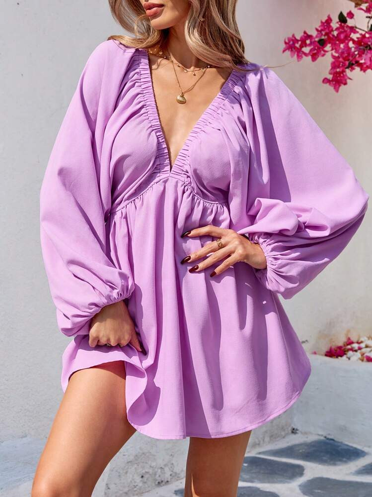 SHEIN VCAY Women's Summer Lightweight Solid Color Boho Dress Sexy Deep V Neck Puff Long Sleeve Mini Dress Backless High Waist Ruffle Short Dress Party Club Holiday Dress Summer Vacation Beach Vacation Easter Dress Women Dress Concert Outfit Women Dress Going Out Dress Sun Dress Vacation Dress | SHEIN