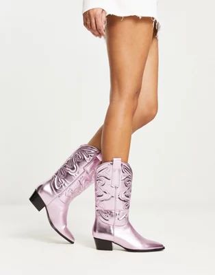 Glamorous knee western boots in pink metallic | ASOS (Global)