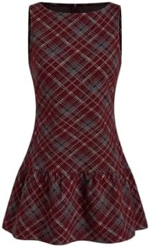 CIDER Mini Dress A Line Plaid Ruffle Hem Sleeveless Low Waist Boat Neck Dress Party Casual Date | Amazon (US)