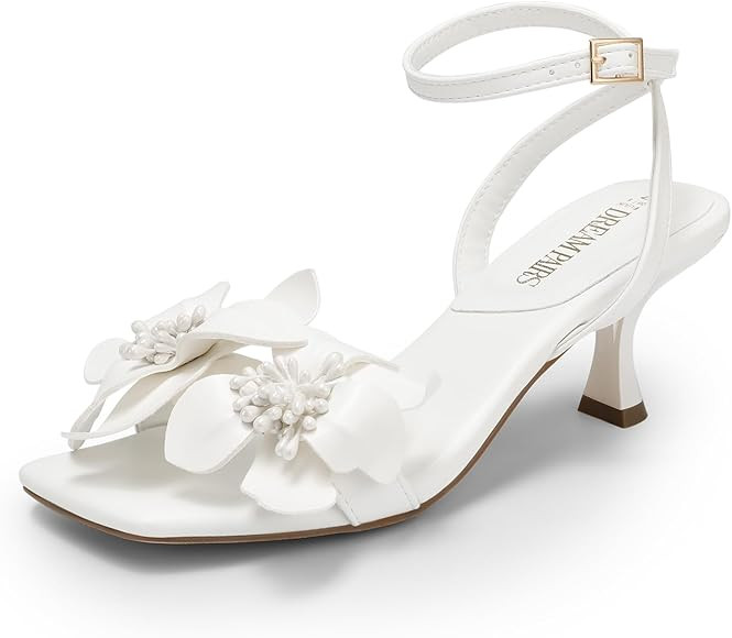 DREAM PAIRS Women's Flower Wedding Heels Cute Square Toe Slingback Low Kitten Heels Sandals with ... | Amazon (US)
