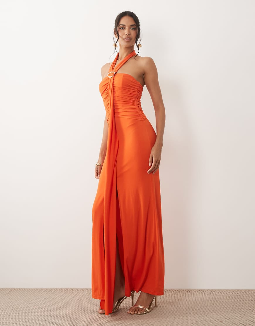 TFNC halterneck trim detail ruched maxi dress in bright orange | ASOS (Global)