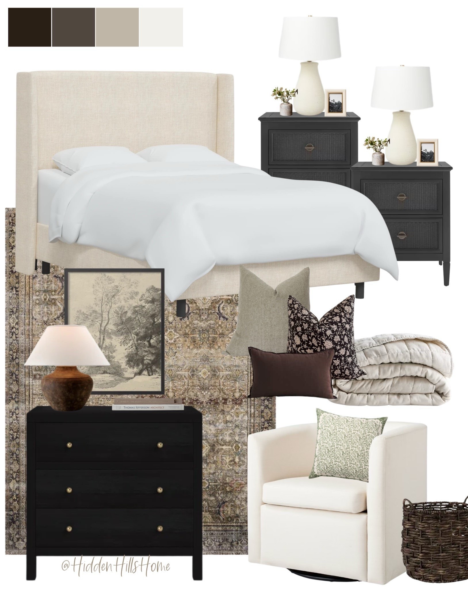 Cozy and moody bedroom decor! Bedroom mood board, Tilly bed on sale, bedroom inspiration, affordable nightstands, home decor ideas, rug, bedroom design, bedding, my guest bedroom design, affordable home inspo #bedroom 

#LTKHome #LTKSaleAlert #LTKSeasonal