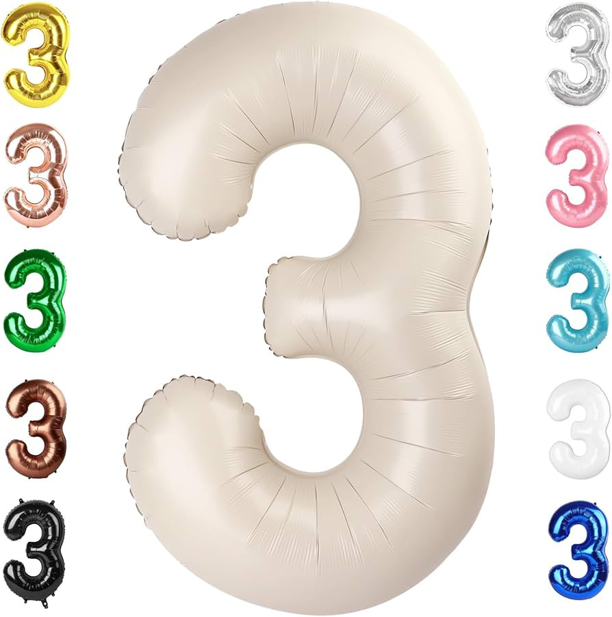 3 Balloon, Cream Number Balloon 40 Inch for Birthday Decorations, 3 Large Foil Balloon Numbers, 3... | Amazon (US)