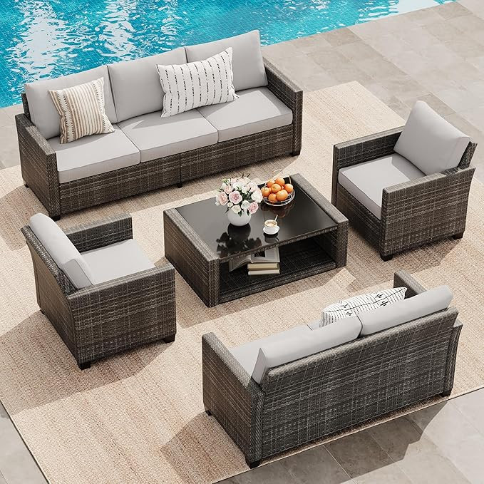 Patio Furniture Set 5 Pieces, 7-Seat PE Rattan Wicker Outdoor Sectional Patio Conversation Set with Waterproof Cusions and Coffee Table, Grey and Grey | Amazon (US)