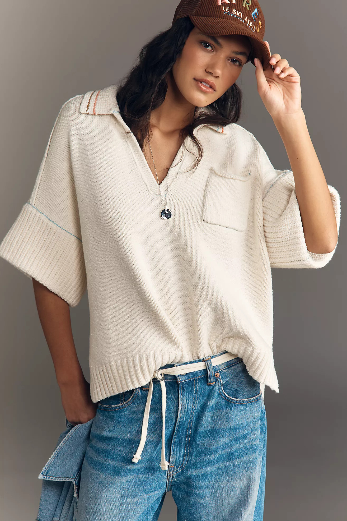 Pilcro Half-Sleeve Collared V-Neck Popover Top | Anthropologie (US)