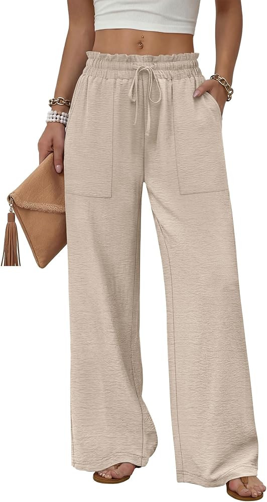 WIHOLL Women's Wide Leg Pants with Pockets Drawstring Loose Trousers Business Work Pants Summer B... | Amazon (US)