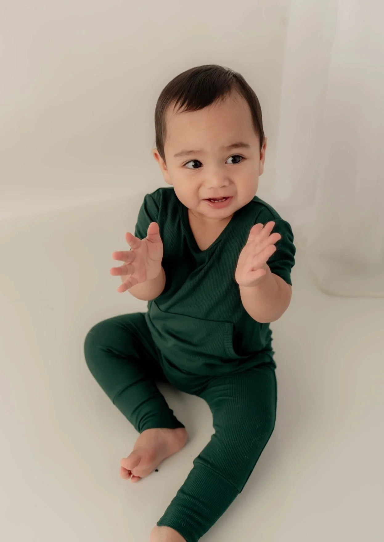 Front Opening Ready Set Romper® in Sage-white logo tag | Ready Set Romper ®