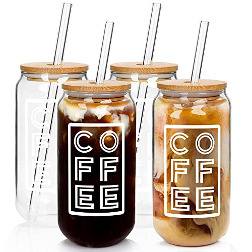 ANOTION Iced Coffee Cup with Lids and Straw, Glass Cups with Bamboo Cover 20 Oz Glass Coffee Cups Reusable Drinking Glasses Tumbler to Go Coffee Cups for Travel Office Home Tea Margaritas Juice | Amazon (US)