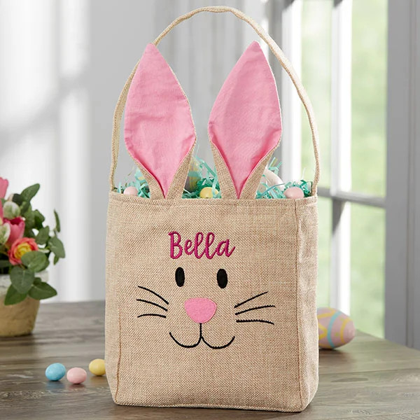 Bunny Face Personalized Pink Burlap Easter Treat Bag | Personalization Mall