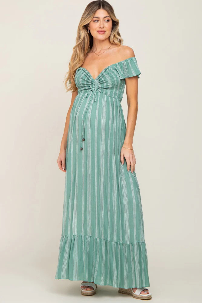 Green Striped Off Shoulder Front Tie Maternity Maxi Dress | PinkBlush Maternity