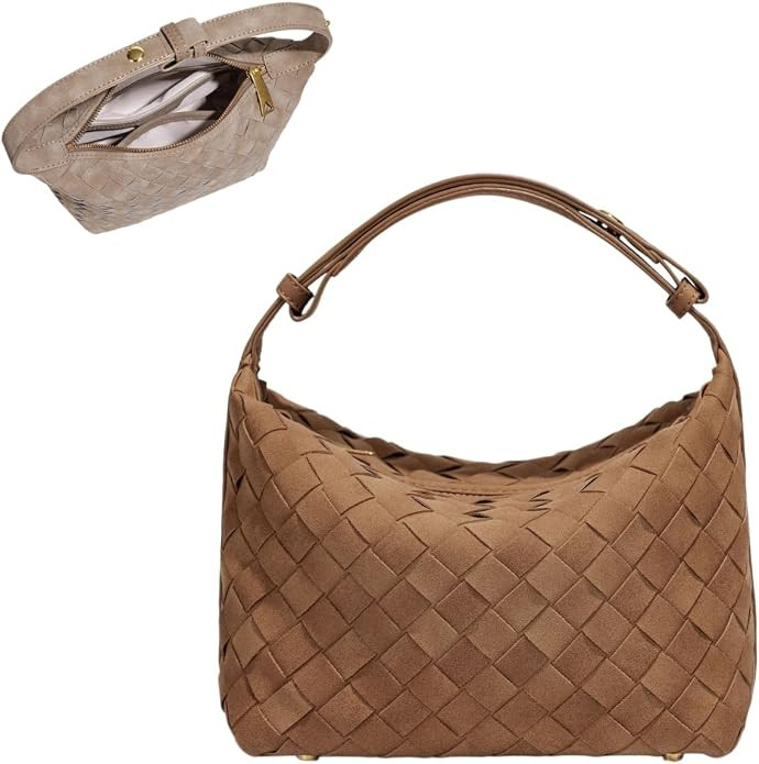 Women Faux Suede Hobo Shoulder Hand Woven Bag Adjustable Strap Zipper Purse | Amazon (US)