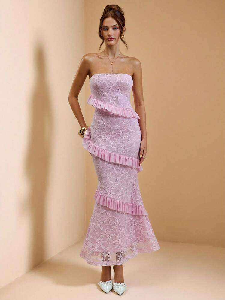 SHEIN BAE Summer And Autumn Women's Pink Sleeveless Wrap Chest Lace Ruffle Stitching Tight Elegant Women's Long Dress/Brunch Outfits For Women/Birthday Dresses For Women/Back To School Dress/Wedding Guest Dress Women/Vacation Outfits Woman/Tube Dress/Pink Dress For Women | SHEIN
