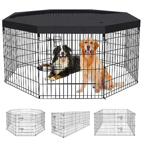 Dog Pen Pet Playpen Dog Fence Indoor Foldable Metal Wire Exercise Puppy Play Yard Pet Enclosure Indoor Outdoor 8 Panels 30 Inch with Bottom Pad/Top Cover(Black 30 top Cover) | Amazon (US)