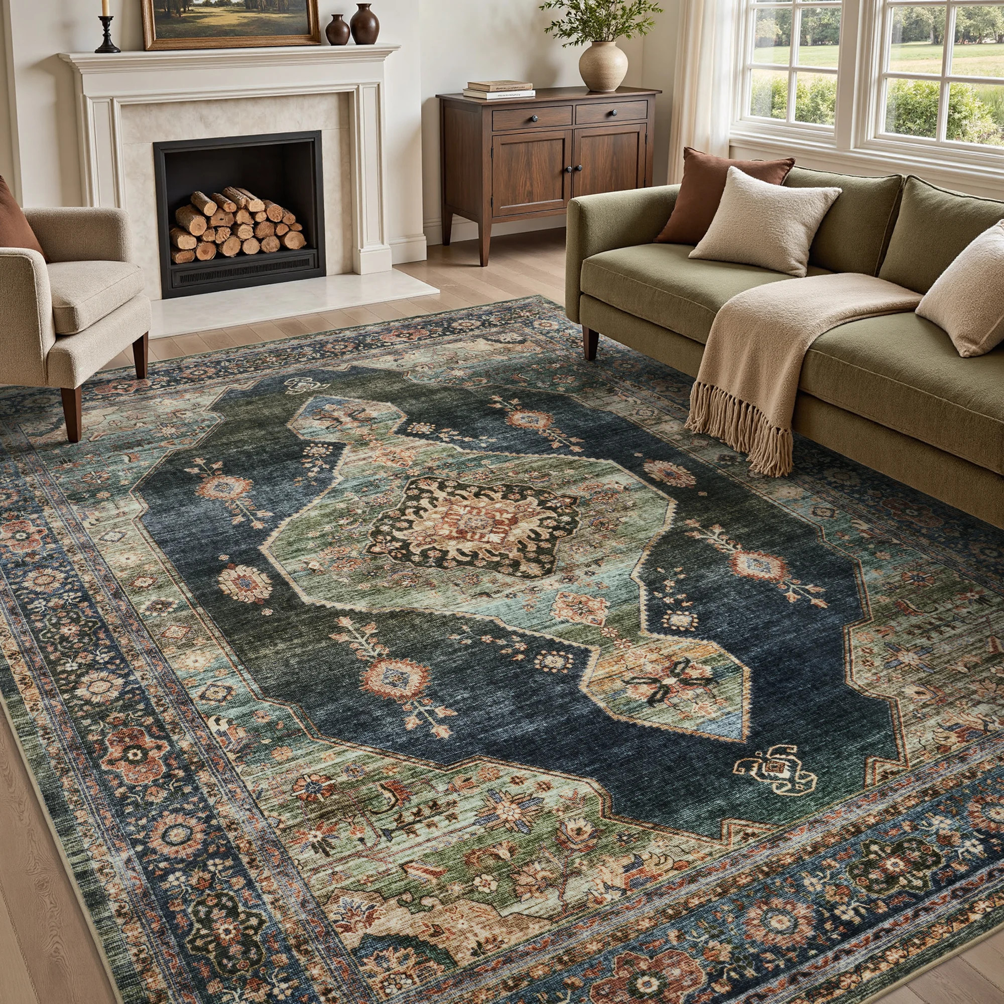 Vintage Persian Style Rug, Soft Non-Slip Machine Washable Green/Blue Area Rug For Living Room And Bedroom | Wayfair North America