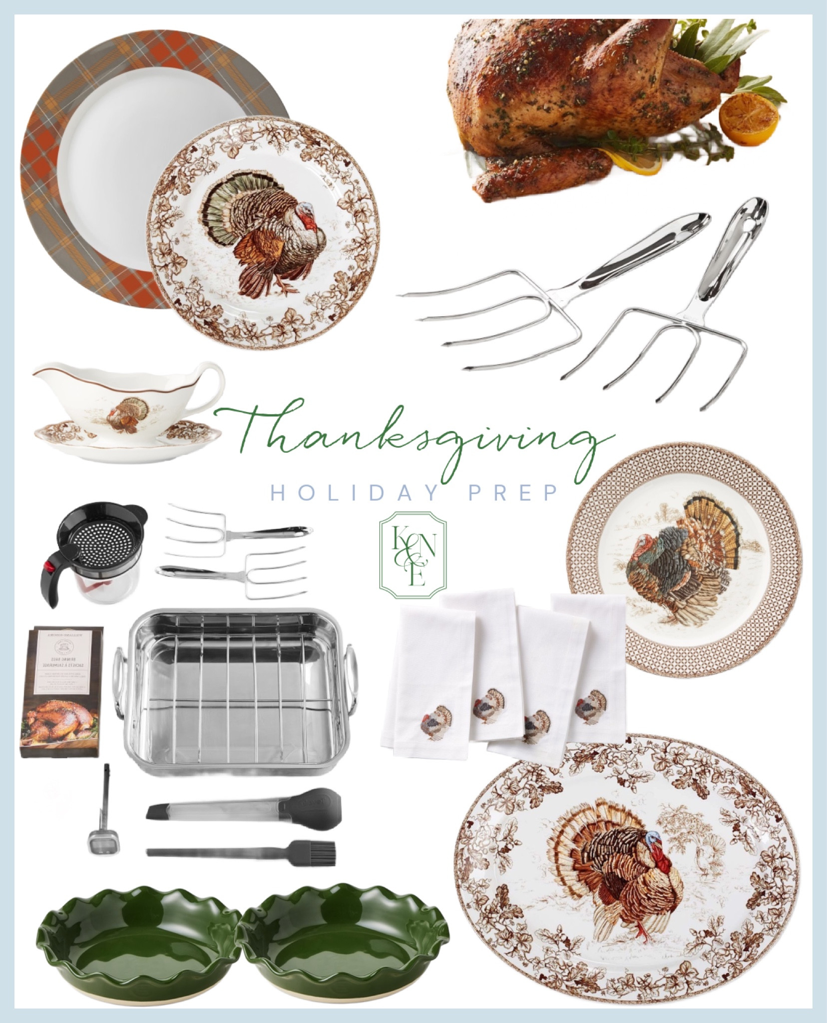 Thanksgiving prep time: Turkey roasting bundle includes WS roasting pan, Turkey forks, digital thermometer, bring bags, kitchen string, Baster, silicone breezy, gravy separator. Turkey dinner China, thanksgiving China, tartan chargers, green pie dish, Turkey dinner napkins

#LTKhome #LTKHoliday #LTKSeasonal