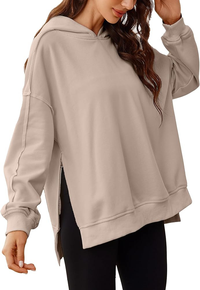 Glamaker Women's Oversized Hoodies Side Slit Zip Up Pullover Sweatshirt Casual Long Sleeve High L... | Amazon (US)