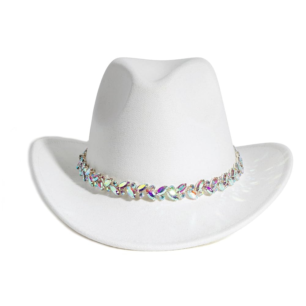 Women Rhinestone Cowboy Hat Wide Brim Felt Cowgirl Hats Shiny Party Wedding Hat | Amazon (US)