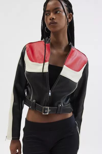 UO Jordan Faux Leather Fitted Racer Moto Jacket | Urban Outfitters (US and RoW)