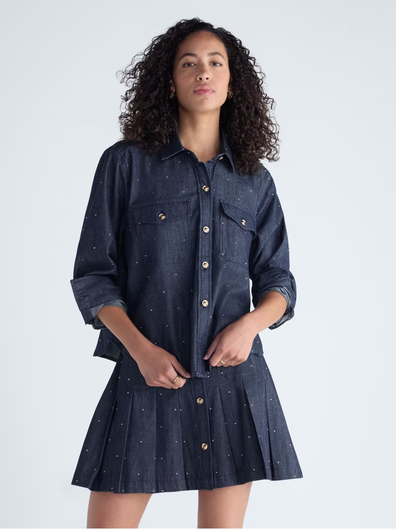 Free Assembly Women\u2019s and Women's Plus Studded Cropped Denim Utility Shirt, Sizes XS-4X | Walmart (US)
