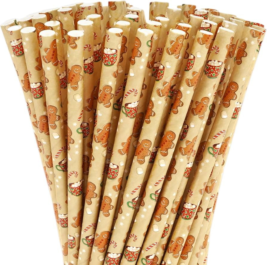 200Pcs Christmas Straws Gingerbread Man Drinking Straws Brown Xmas Holiday Disposable Paper Straw... | Amazon (US)