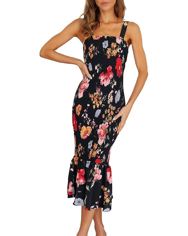 PRETTYGARDEN Women's Summer Floral Midi Tank Dress Sleeveless Strappy Ruffle Hem Smocked Bodycon ... | Amazon (US)