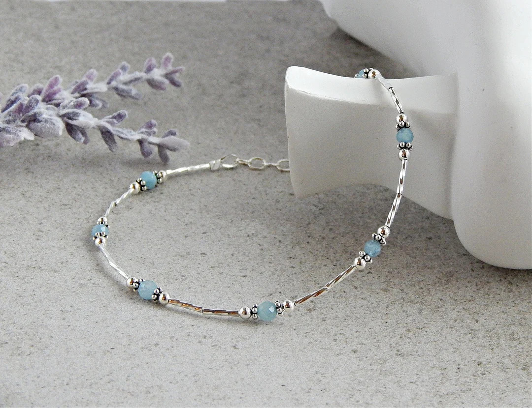 Aquamarine Anklet With Sterling Silver, Anklets for Women, March Birthstone Gift, Something Blue ... | Etsy (US)