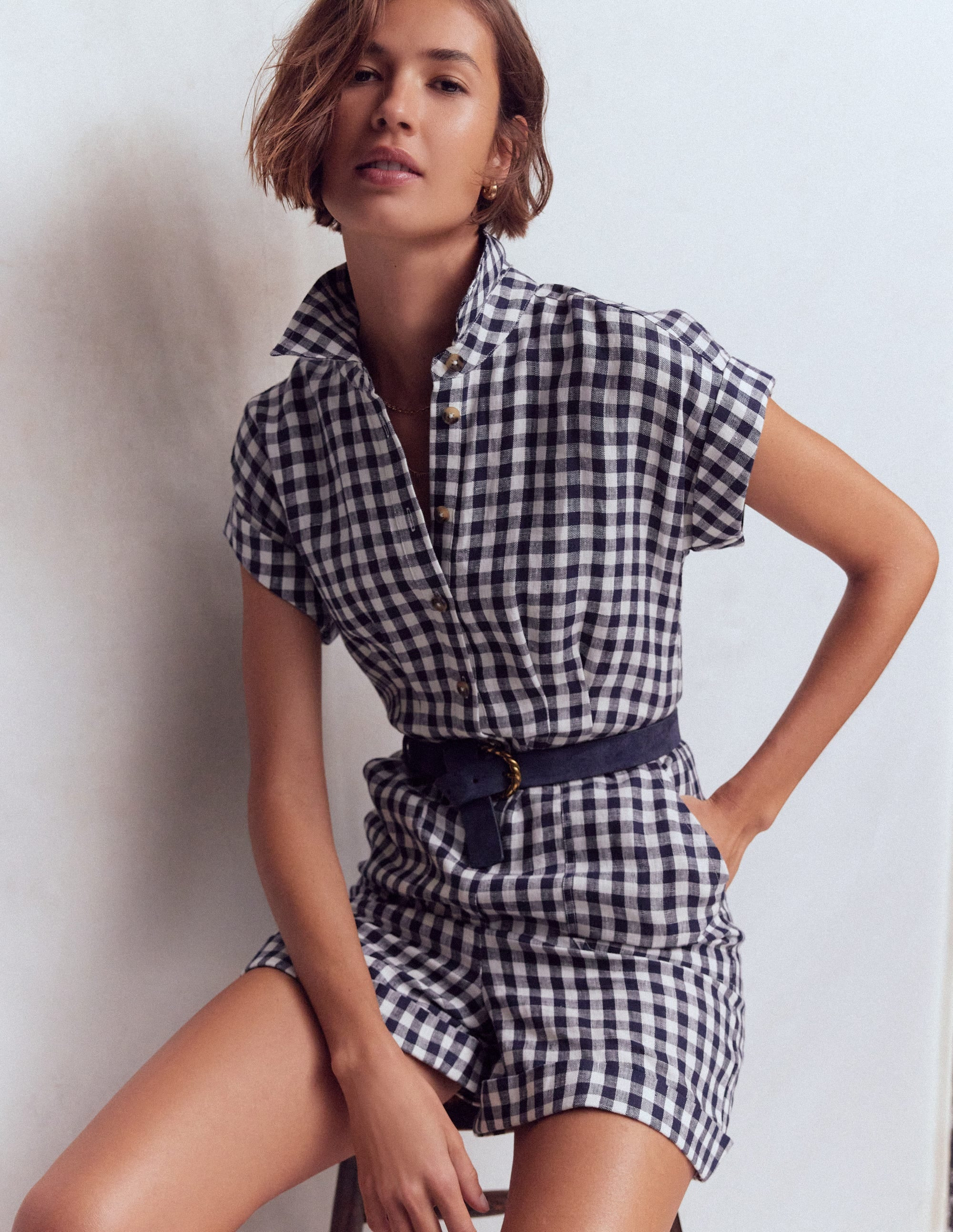 Kay Linen Playsuit-Navy, Ivory Gingham | Boden UK