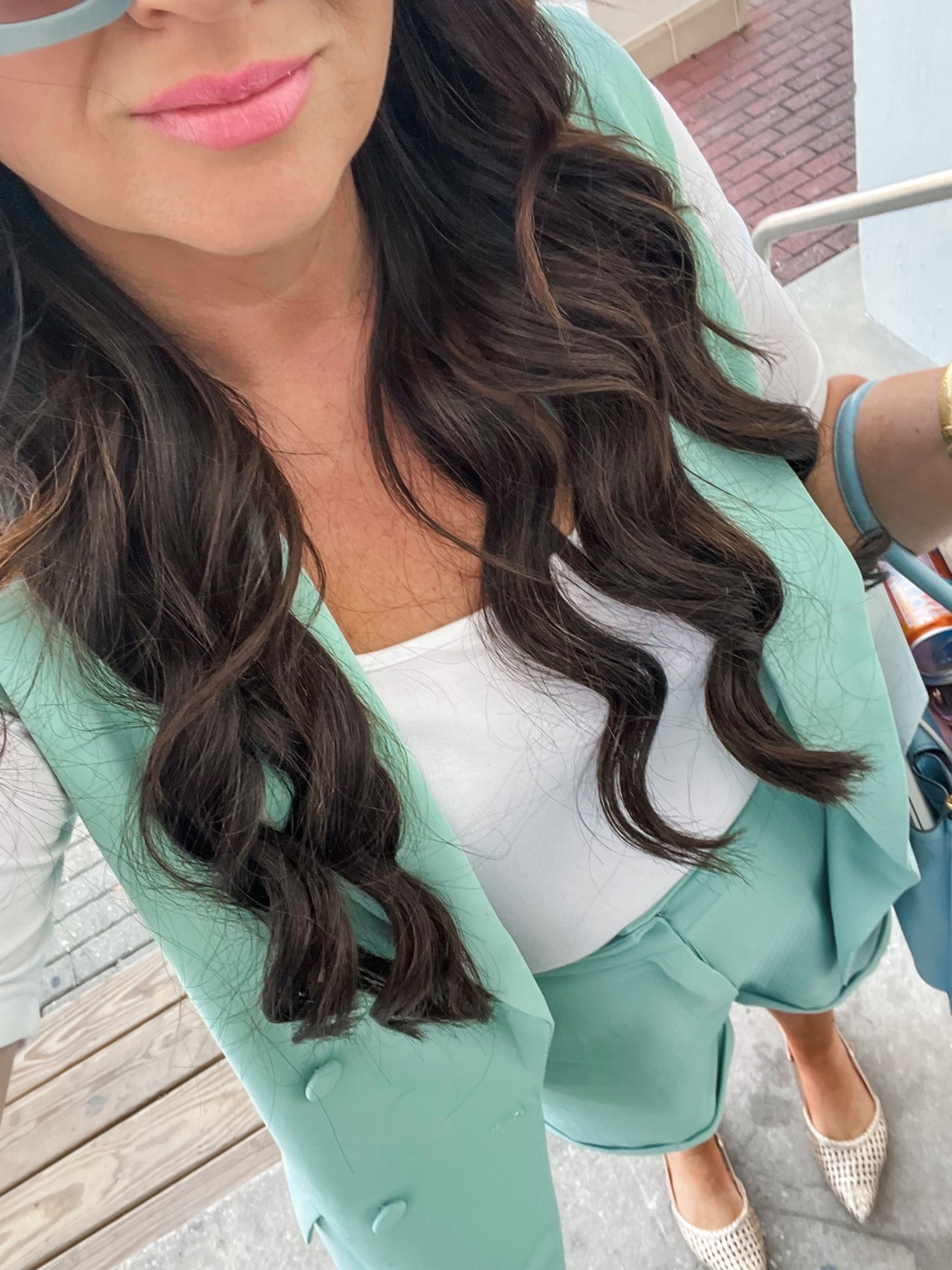 Work wear shorts set in mint with a white tee bodysuit 

#LTKMidsize #LTKWorkwear #LTKOver40