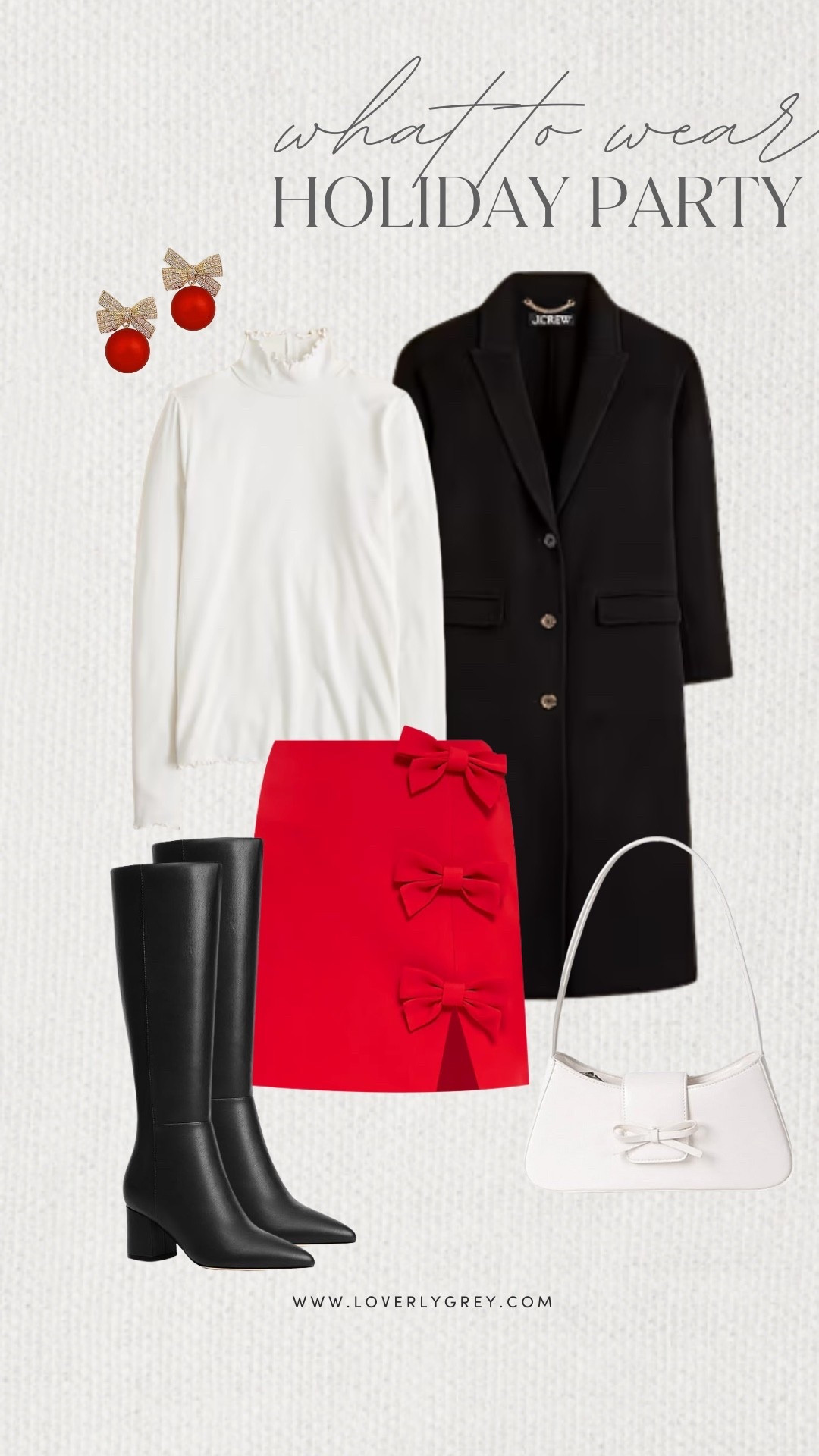 Loverly Grey, what to wear to a holiday party. I am loving this bright red Tuckernuck skirt with the bow details on it. I would pair the look with a J.Crew long sleeve and layer a black coat over the top of it. Finish the look with a cute Amazon bag and fun earrings! Loverly Grey, what to wear, holiday party 

#LTKHoliday #LTKSeasonal #LTKgrwm