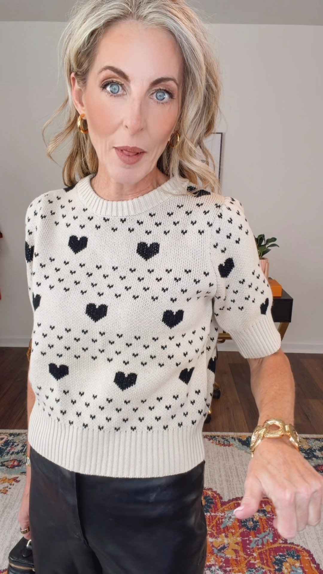 Elevate your Valentine’s Day outfit with his elbow sleeve Valentine’s heart crew neck pullover sweater from universal threads. It is neutral with cute heart prints for a very sweet look. Wearing a size small. 

Old navy faux leather pants size 2  

#LTKgrwm #LTKootd #LTKdayinmylife