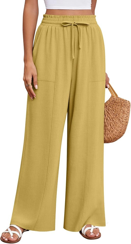 Huukeay Women's Linen Wide Leg Pants, High Waist Flowy Palazzo Pants with Pockets Drawstring Summ... | Amazon (US)