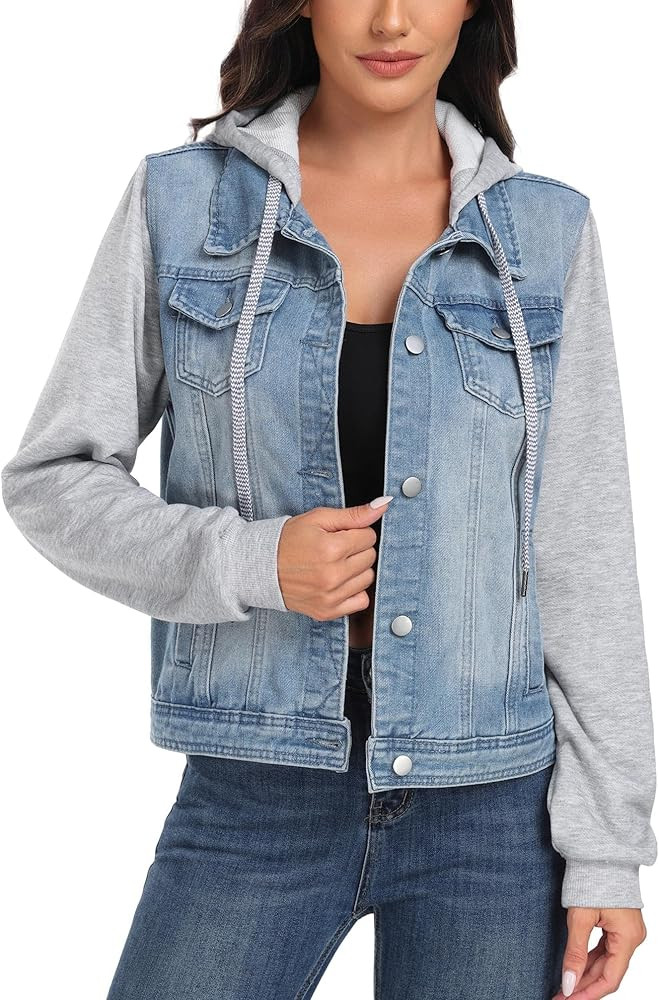 J.Corrine Women's Classic Casual Hooded Denim Jacket Drawstring Vintage Washed Jean Jacket Sweats... | Amazon (US)