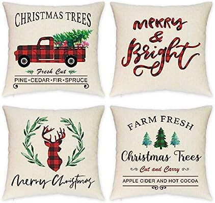 HEOFEAN Christmas Pillow Covers 18x18 Inch – Set of 4 Farmhouse Red Buffalo Check Christmas Pil... | Amazon (US)