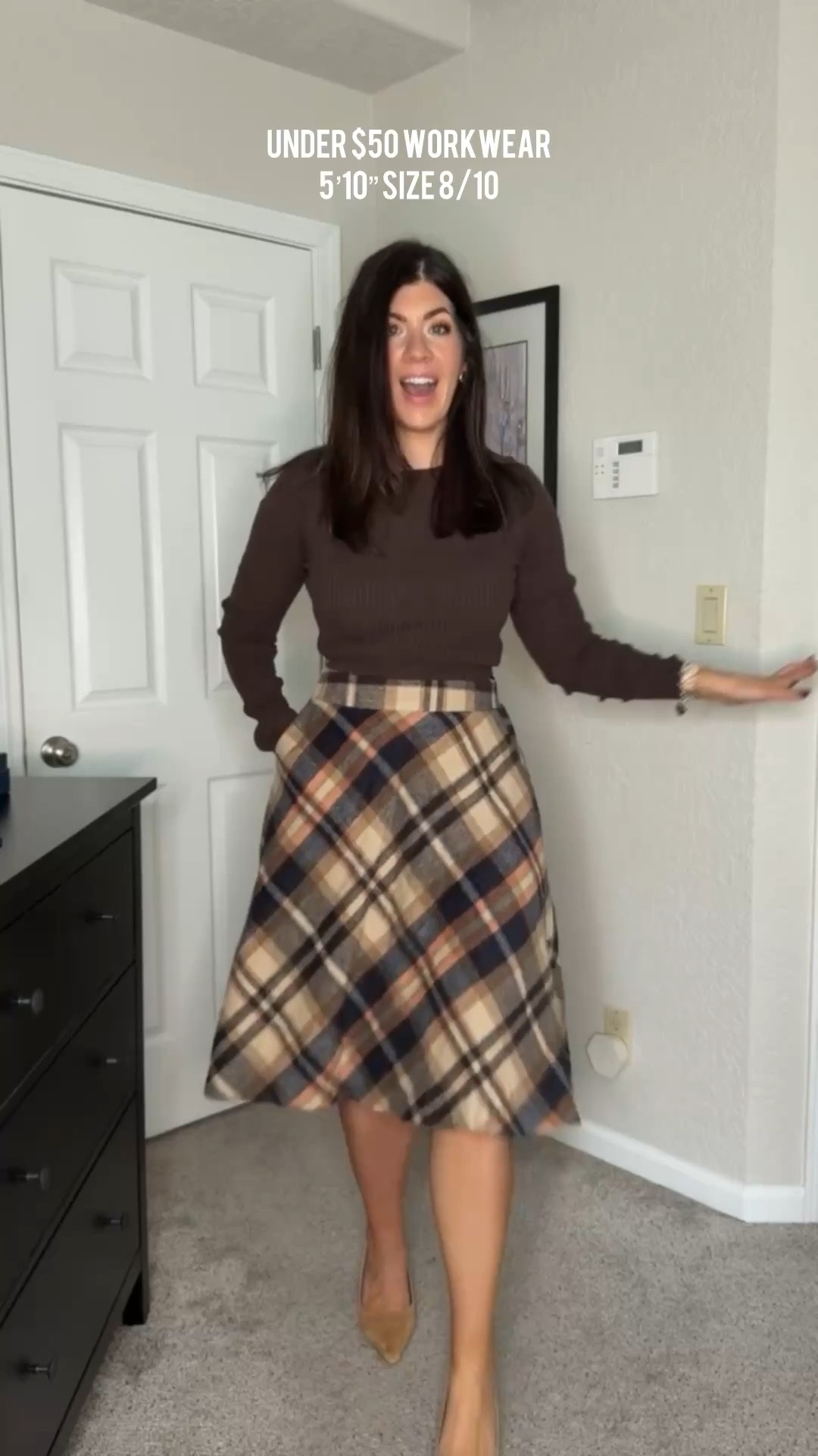 In a medium tall knit Medium plaid skirt 

Under $50 workwear, midsize workwear, office outfit, business casual outfits, chic office looks, professional style, midsize fashion inspo, everyday work outfits, office outfit, affordable workwear, work to weekend looks, affordable workwear, plaid, plaid skirt, brown, trending

#LTKWorkwear #LTKootd #LTKMidsize