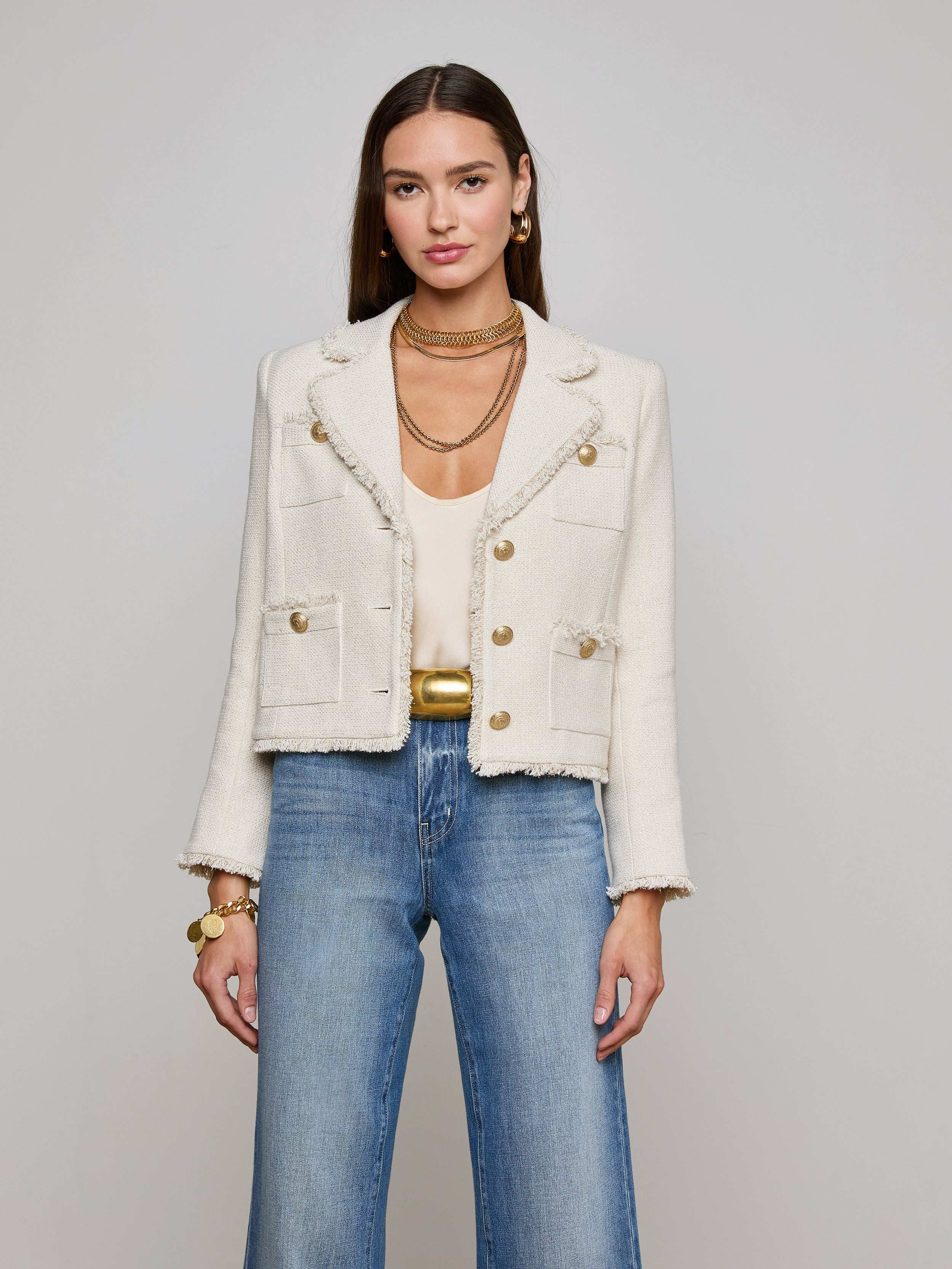L'AGENCE - Sylvia Tweed Jacket in Ivory/Light Gold | L'Agence