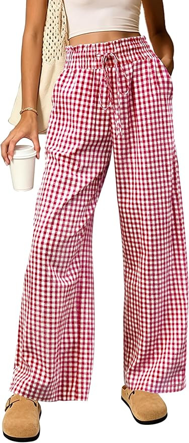 Cotton Gingham Striped Pants Women High Waisted Ruffle Wide Leg Lounge Pajama Trousers with Pocke... | Amazon (US)