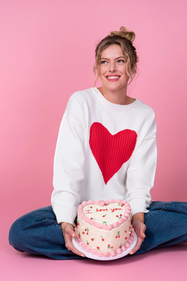 In My Heart Ivory and Red Cable Knit Heart Sweater FINAL SALE | Pink Lily