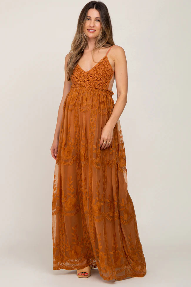 Camel Crochet Lace Open Back Maternity Maxi Dress | PinkBlush Maternity
