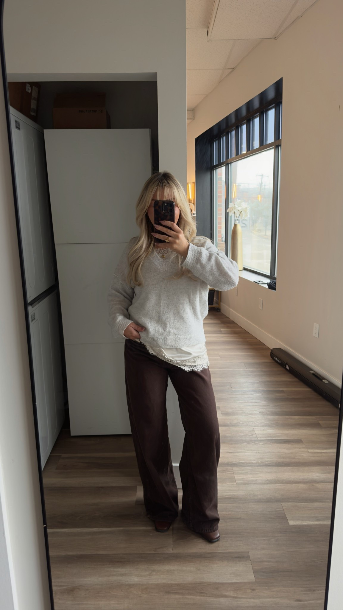 Light grey sweater perfect for spring size small (linked similar) 
Lace tank for layering super cute! Size small (spaghetti straps) 
Brown high waisted  wide leg jeans size 6
Brown boots size 7 


#LTKmomlife #LTKdayinmylife #LTKU